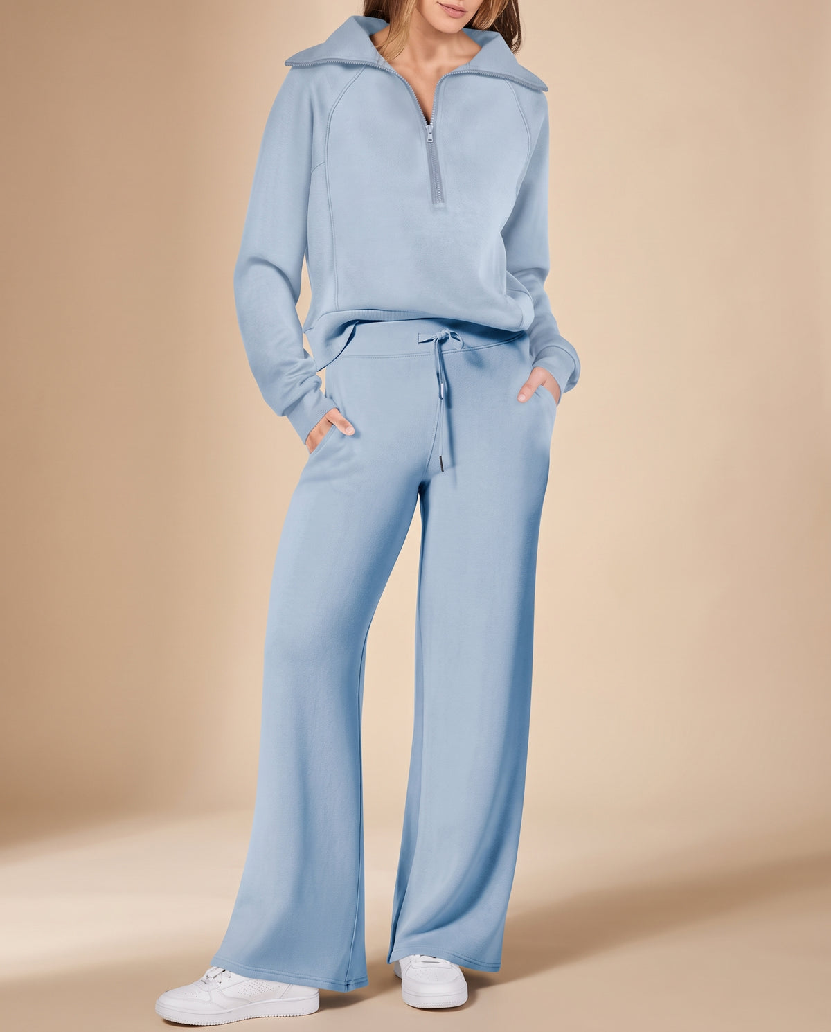 Completo Donna con Felpa Mezza Zip e Pantaloni a Gamba Larga – Comfort Versatile e Stile Casual – Aurora