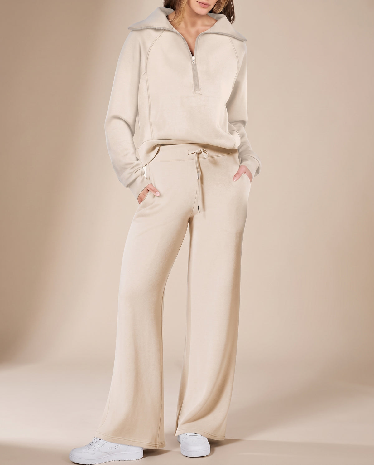 Completo Donna con Felpa Mezza Zip e Pantaloni a Gamba Larga – Comfort Versatile e Stile Casual – Aurora