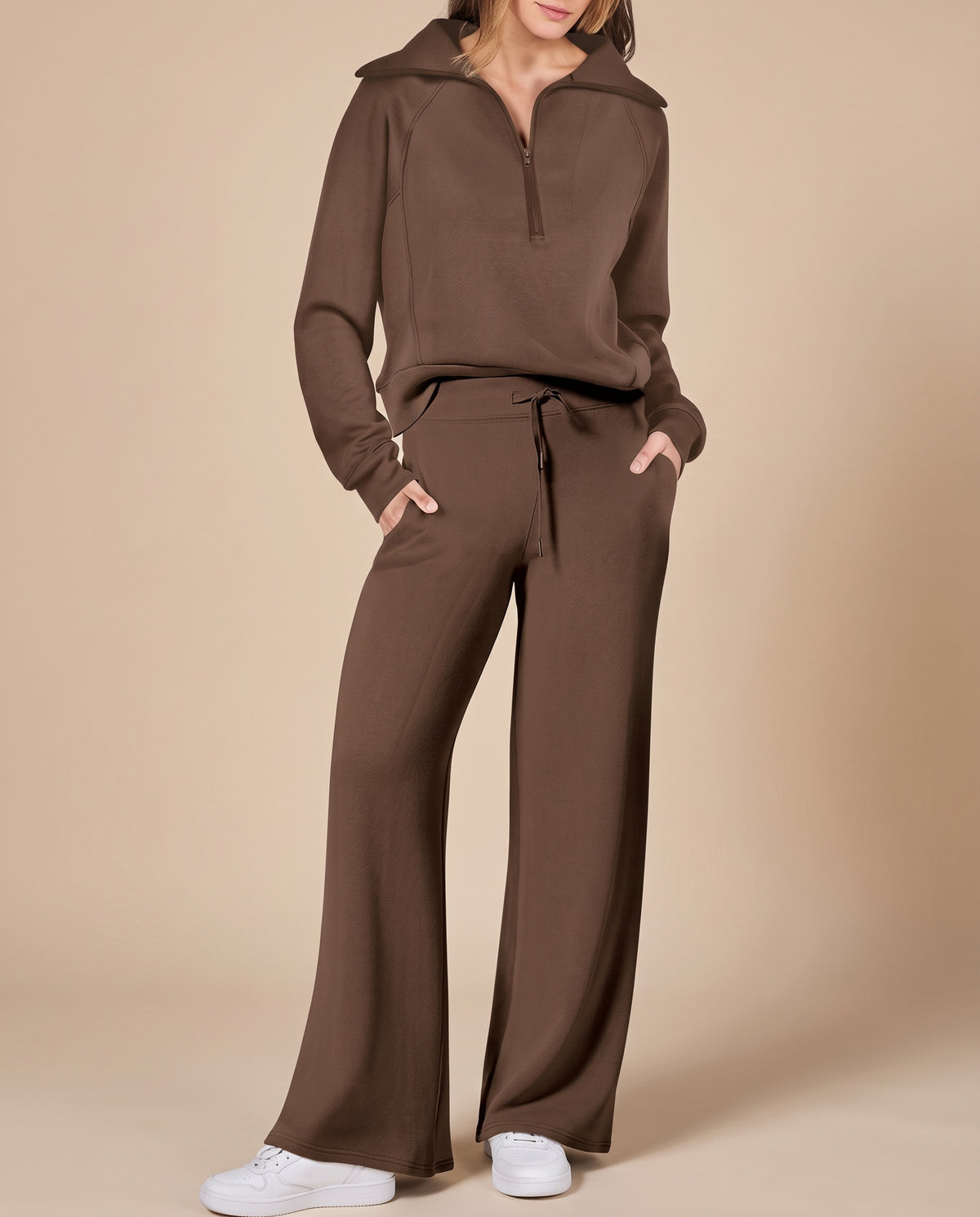 Completo Donna con Felpa Mezza Zip e Pantaloni a Gamba Larga – Comfort Versatile e Stile Casual – Aurora