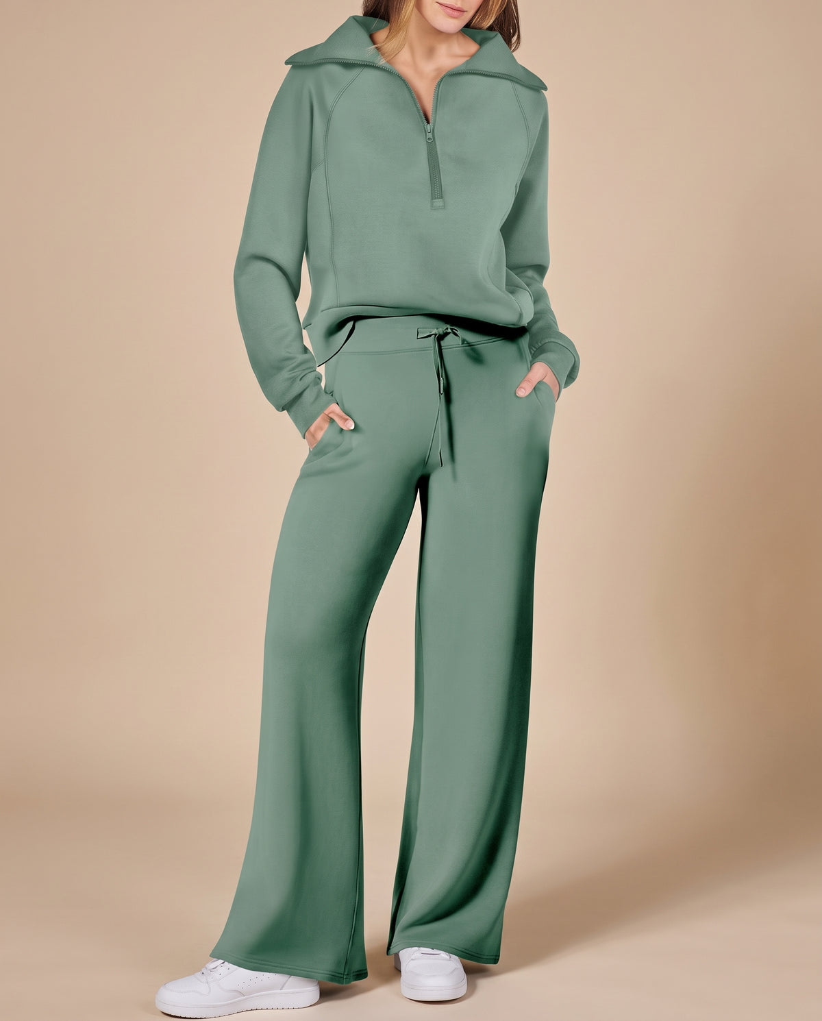 Completo Donna con Felpa Mezza Zip e Pantaloni a Gamba Larga – Comfort Versatile e Stile Casual – Aurora