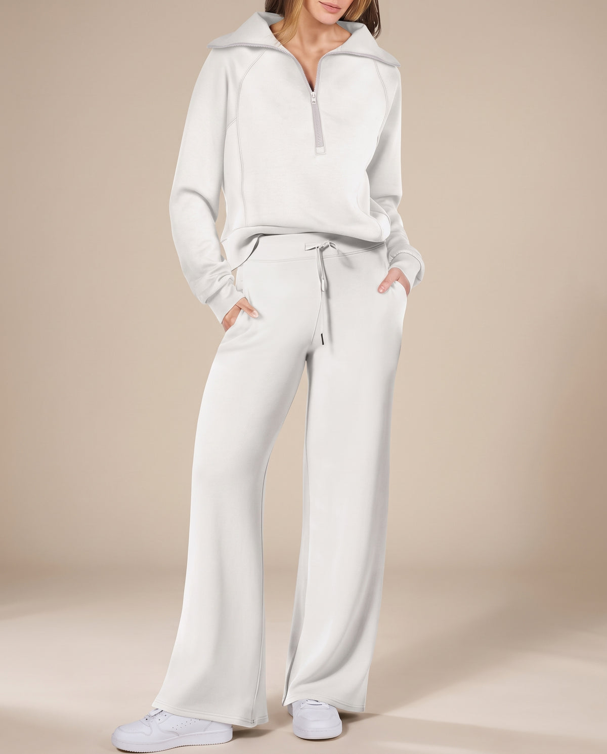 Completo Donna con Felpa Mezza Zip e Pantaloni a Gamba Larga – Comfort Versatile e Stile Casual – Aurora