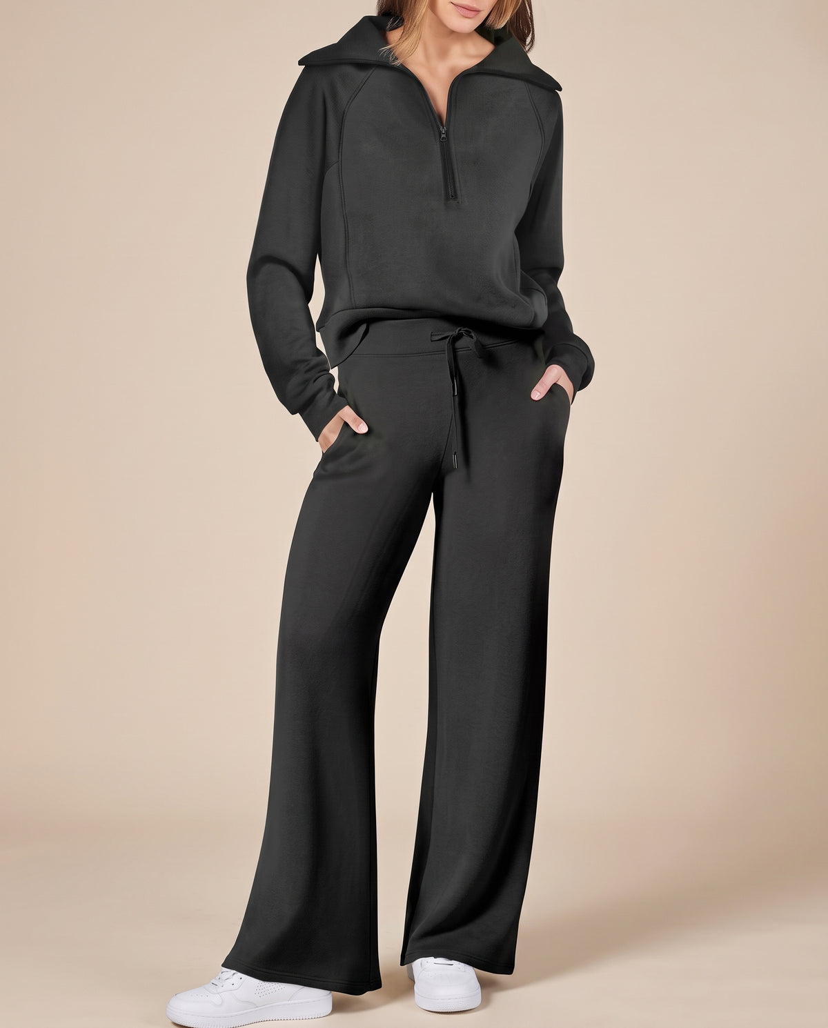 Completo Donna con Felpa Mezza Zip e Pantaloni a Gamba Larga – Comfort Versatile e Stile Casual – Aurora